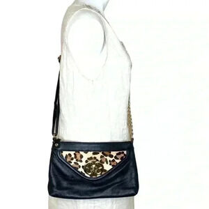 Emma Fox black cheetah mob wife leather crossbody gold chain/ leather strap